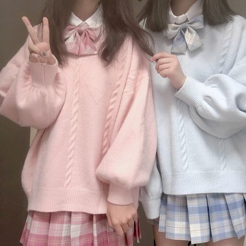 Pull-manteau japonais JK bleu lait doux à col V