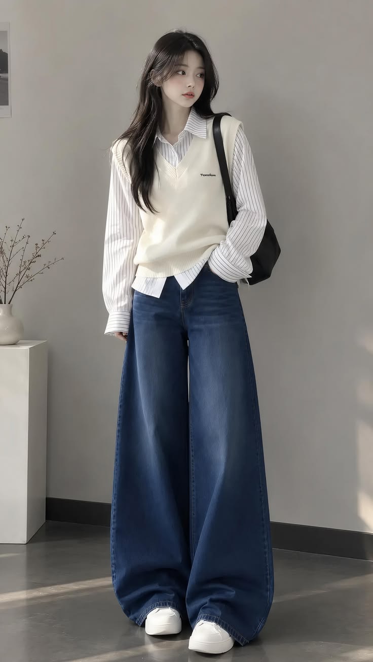 Korean Wide-Leg Blue Jeans Outfit | Effortless Street Style