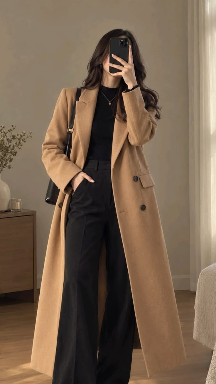 Chic Fall Outfit Idea: Camel Trench Coat & Wide-Leg Pants Look