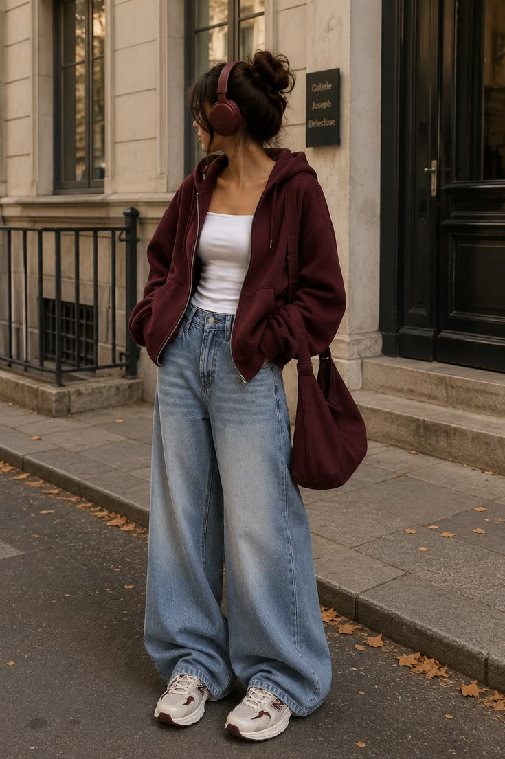 Tenue street style hoodie bordeaux et jean large 🤎