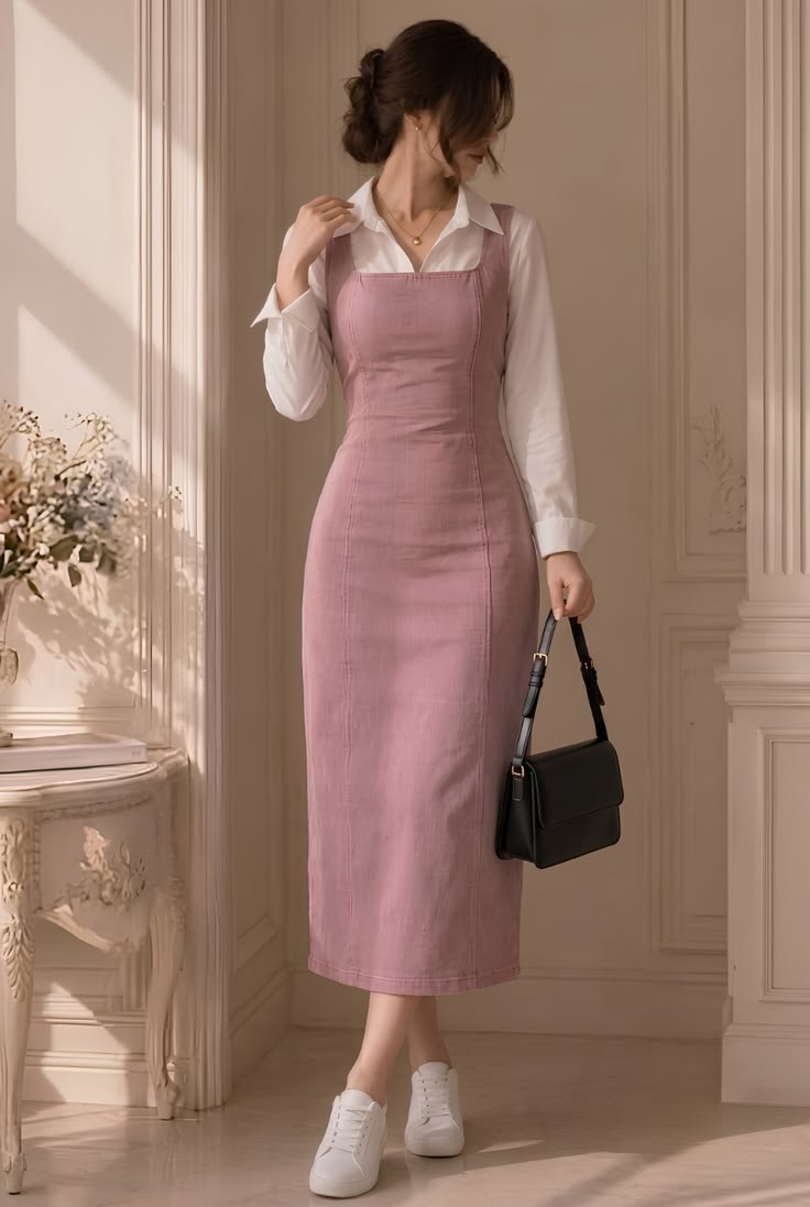 Conjunto rosa de vestido pinafore ceñido 🎀 | Look casual chic de inspiración coreana
