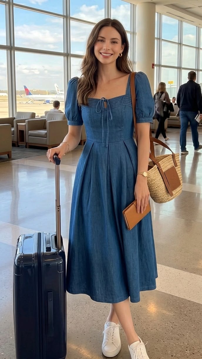 Idées de tenues d’aéroport pour femmes | Robe midi en denim bleu chic et confortable, tenue jean élégante