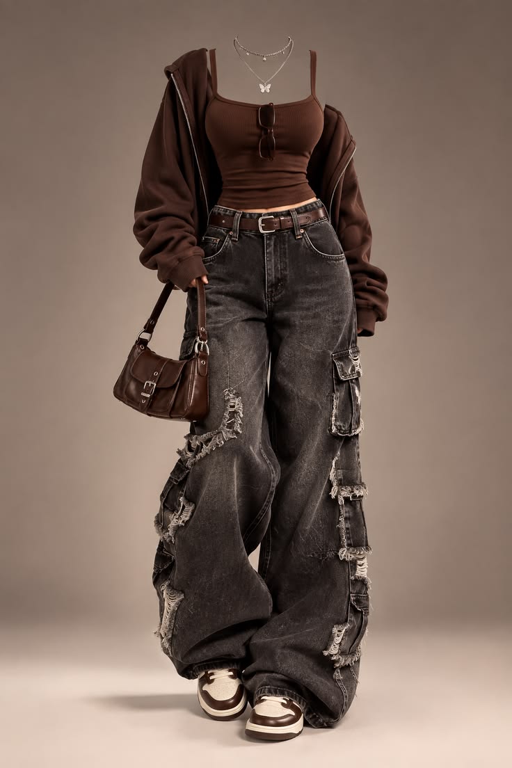 Vaqueros cargo baggy Y2K para mujer | Pantalones streetwear desgastados de pernera ancha por menos de 40 $