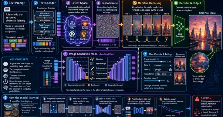 Infographie sur le fonctionnement de la génération d’images IA | LivePhysics™