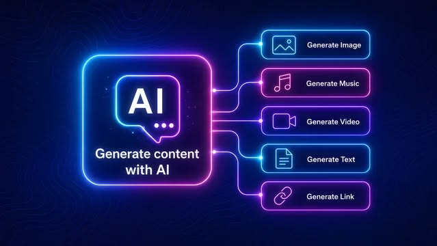 Concept de création de contenu IA avec icônes pour la génération de texte, d’images, de musique et de vidéos