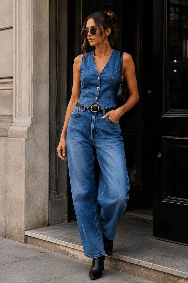 Duo denim chic : top gilet et jean large