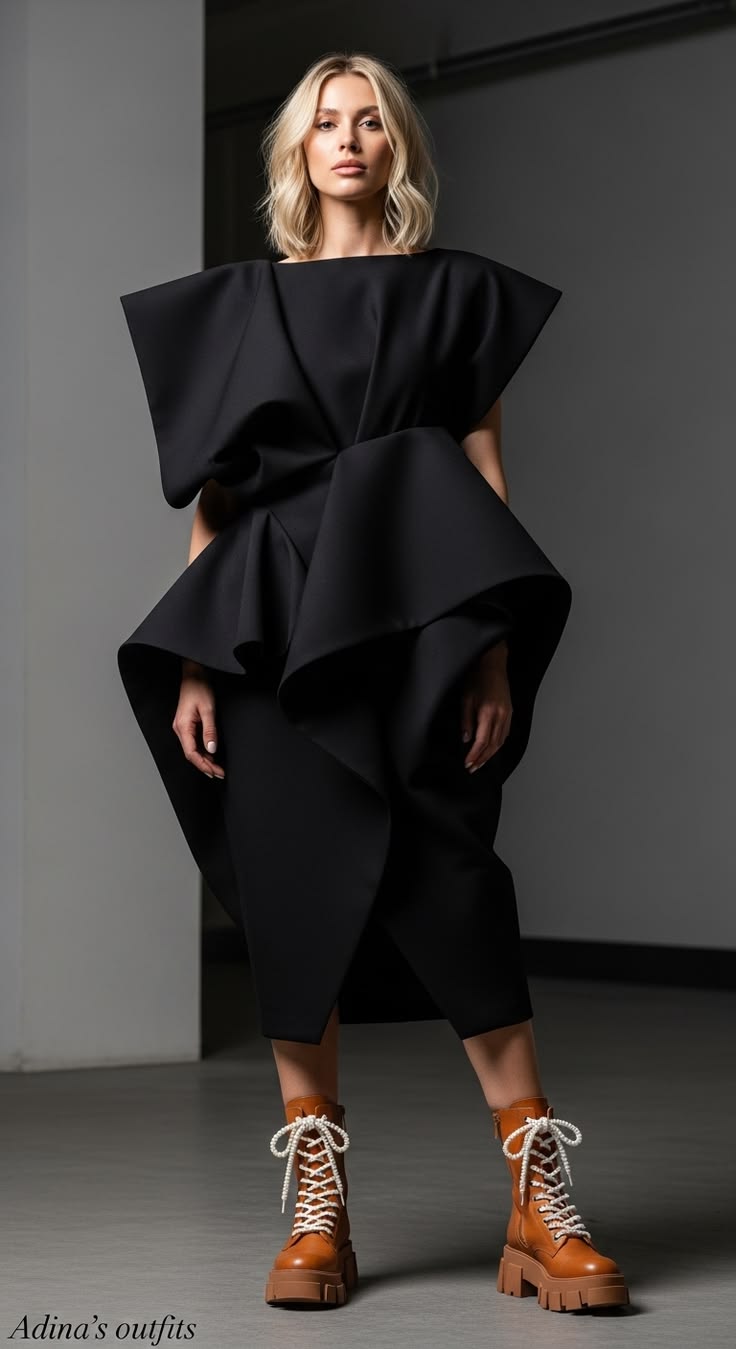 Robe noire sculpturale, minimalisme avant-gardiste