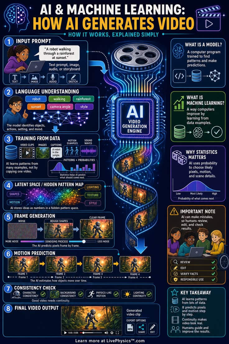 IA et machine learning : infographie sur la manière dont l’IA génère des vidéos | LivePhysics™
