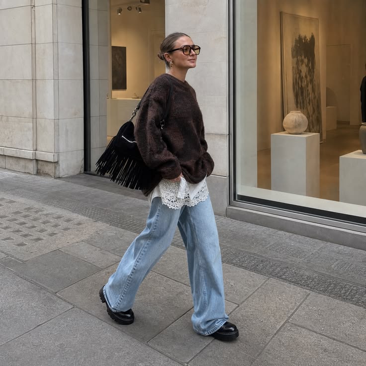 Maille mohair et dentelle 🍂 idées de tenue d’automne esthétique avec jean, style romantique 2026