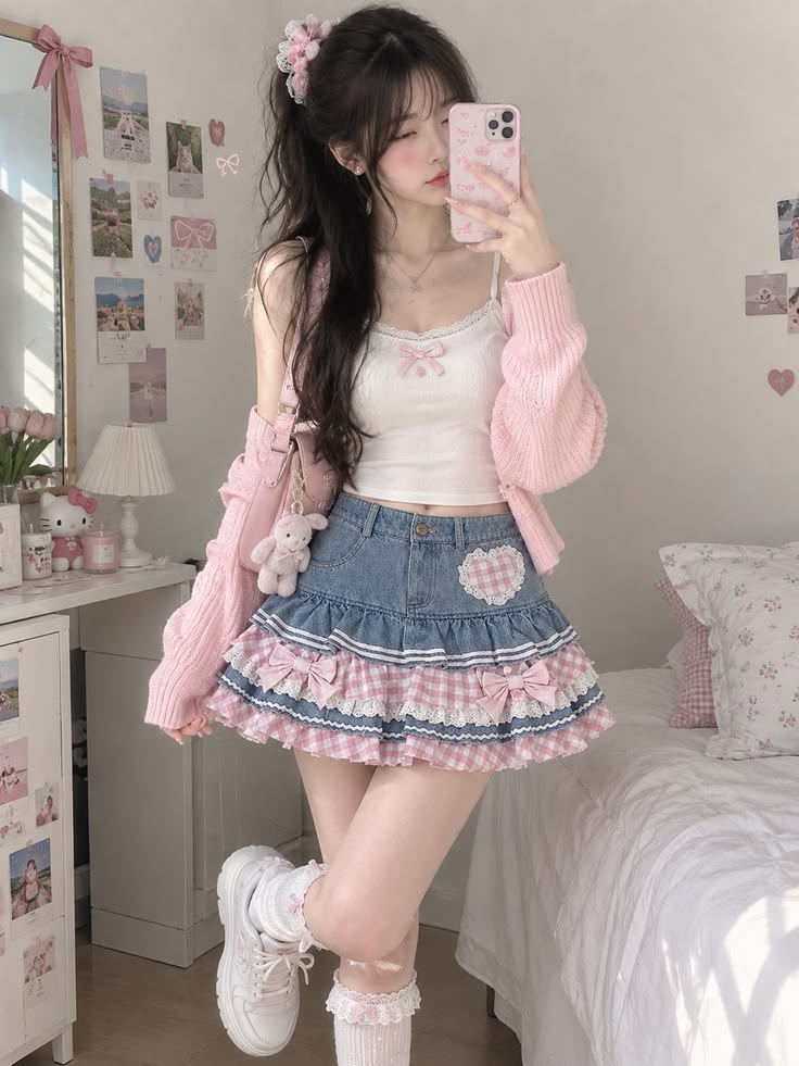 Falda vaquera con volantes, moda kawaii