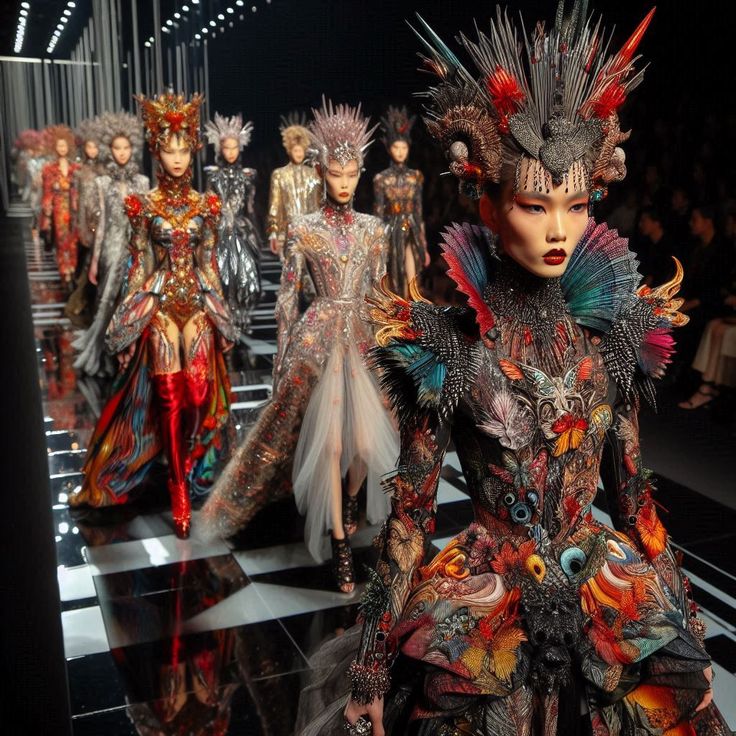 Sfilata di alta moda con modelle in outfit avant-garde dai colori audaci, fantasie intricate