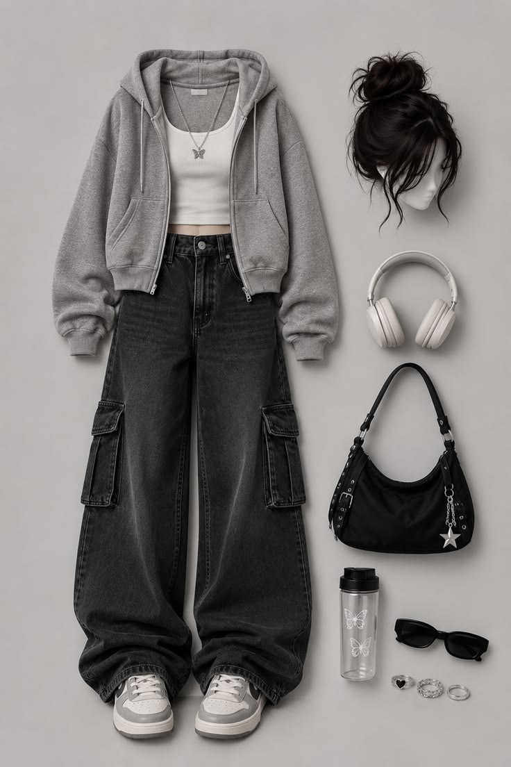 Grey Hoodie & Black Cargo Pants Outfit Idea 🖤