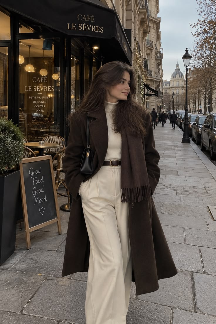 Idées de tenues d’hiver élégantes | Manteau marron et pantalon large crème