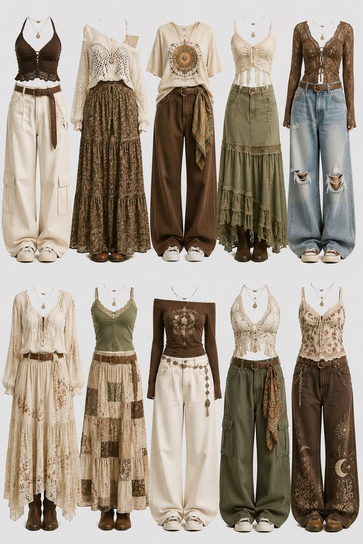 Tenues boho vintage avec tops crochet, jupes maxi et esthétique Y2K terreuse