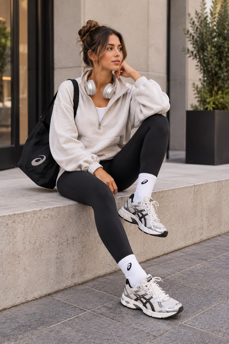 Idee outfit Asics con leggings neri e morbida felpa half-zip