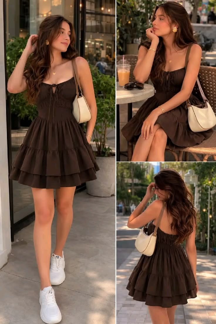 Brunch chic : glamour discret dans une mini robe marron