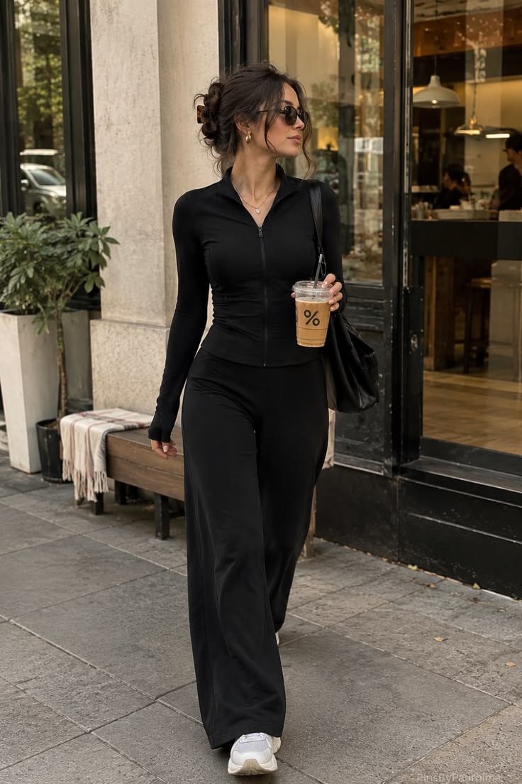 Acheter cette idée de tenue athleisure noire pour femmes | look chic pour aller chercher un café