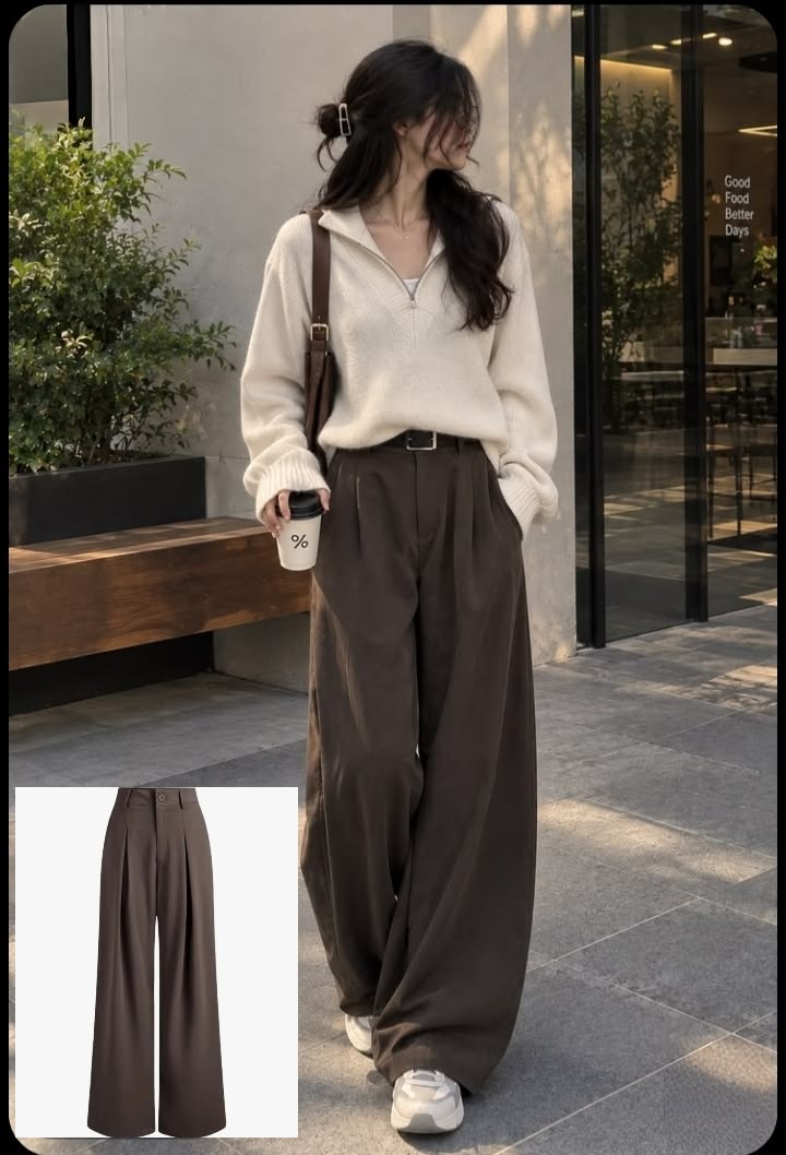 女士棕色高腰阔腿长裤