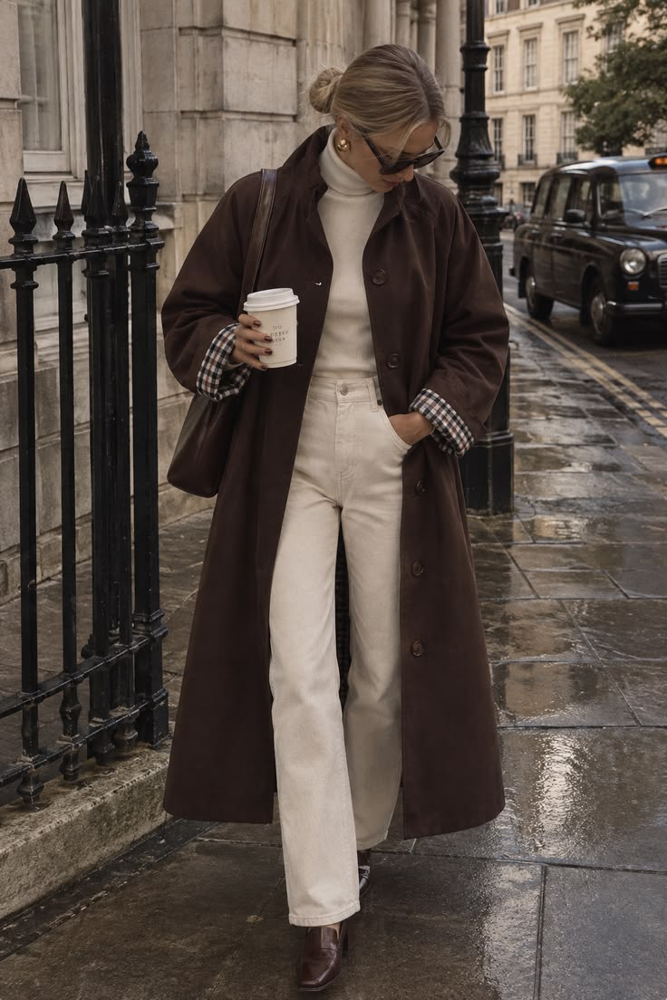 Idée de tenue old money pour jour de pluie | Trench marron et pantalon large ivoire