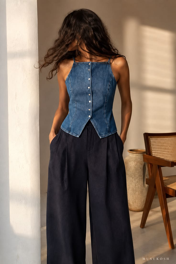 Denim Waistcoat Top for Women | Chic Wide Leg Pants Outfit