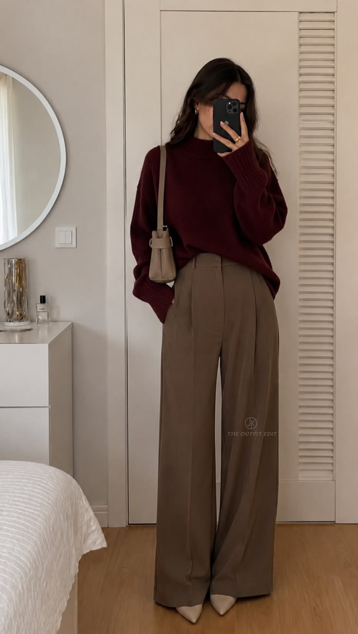 Maille bordeaux et pantalon large : un automne sans effort