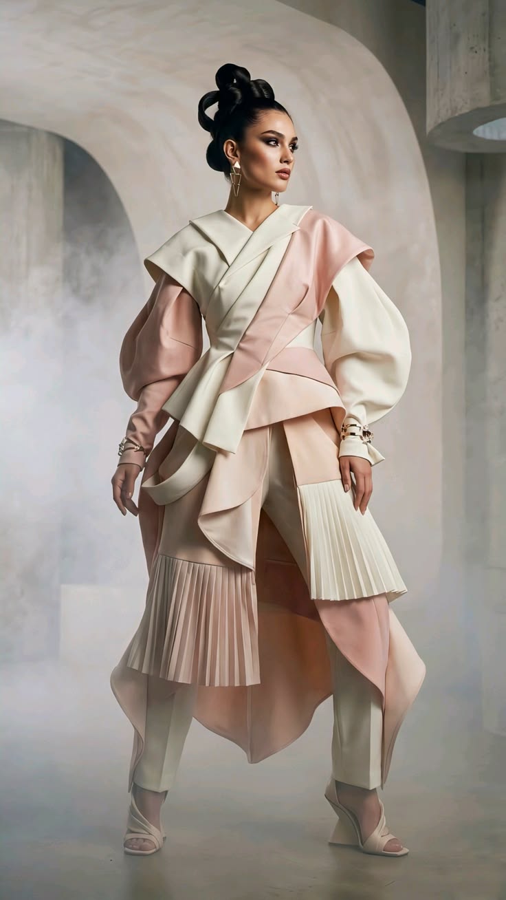 Alta moda avant-garde | Couture editoriale stratificata rosa cipria e crema