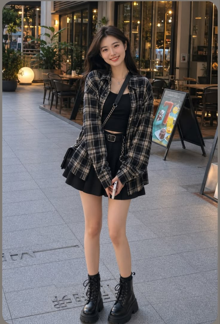 Tenue blazer à carreaux et jupe | Mode féminine de style coréen