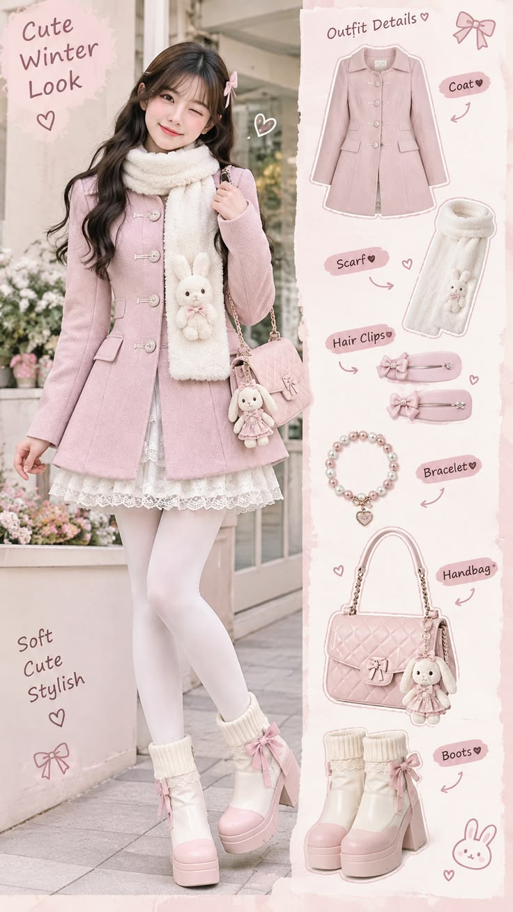 Cute Pink Bunny Winter Outfit Set | Kawaii Korean-Inspired Fashion Look