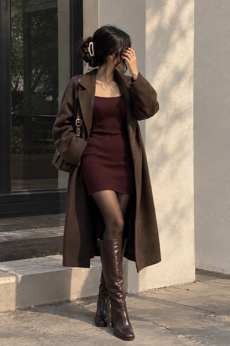 Tenue robe moulante Gen Z pour l’hiver | Esthétique bordeaux à shopper cet hiver 🤎
