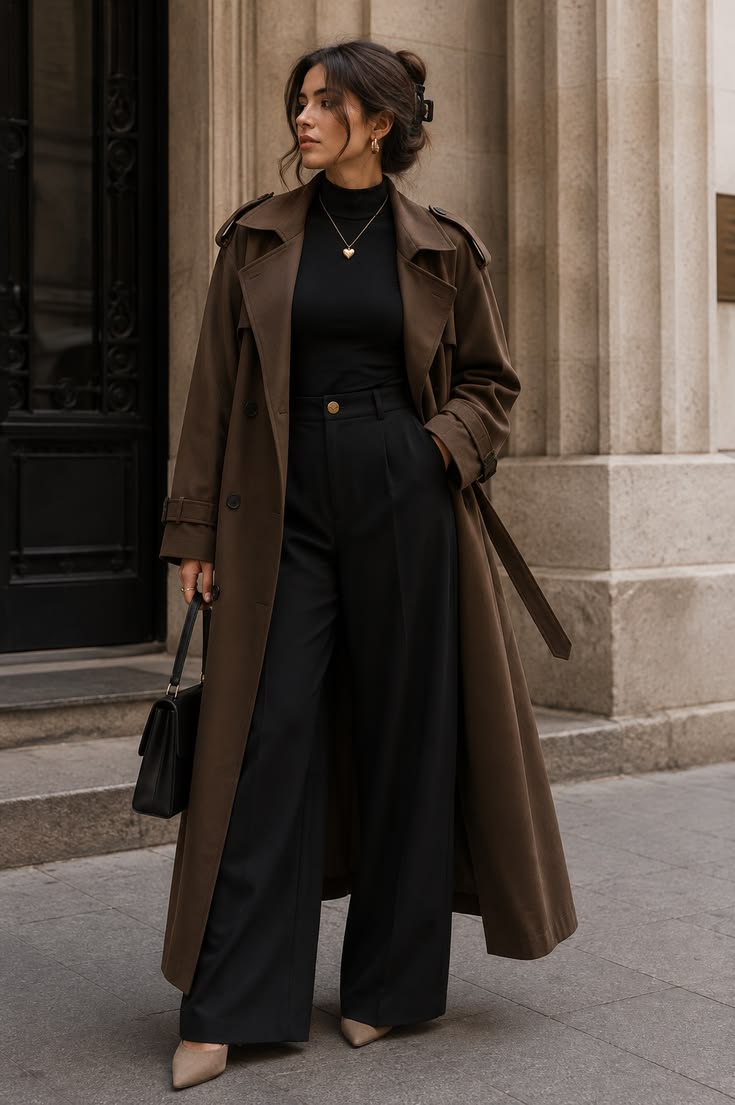 Brown Trench Coat & Black Wide-Leg Outfit