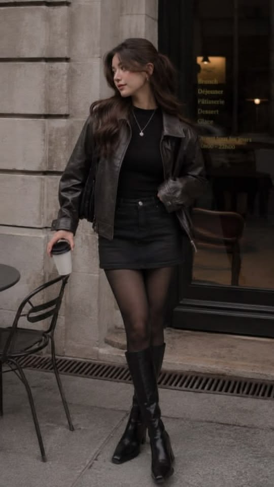 All-Black Ensemble: Minimalist Leather & Skirt Outfit