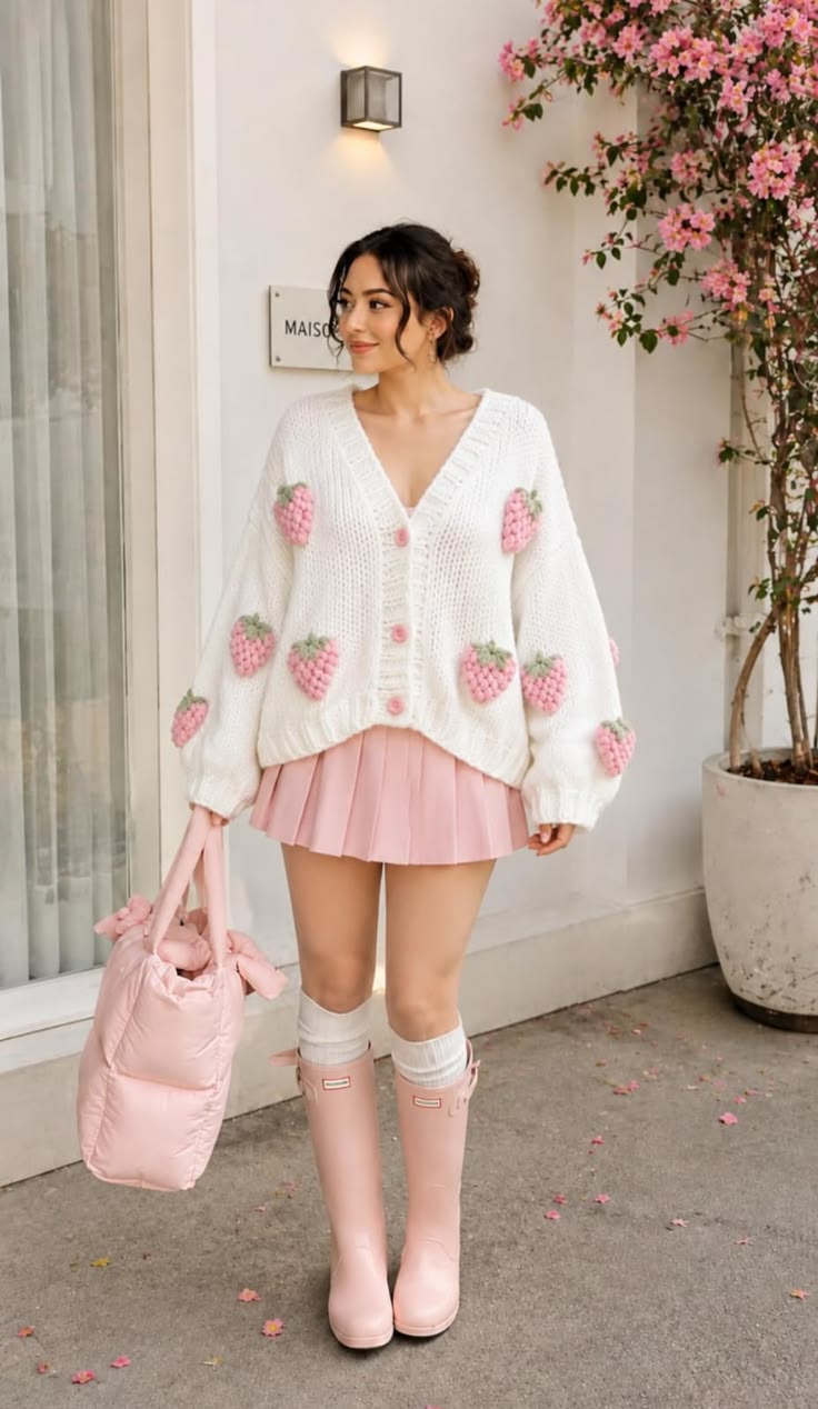 Ispirazione outfit: cardigan rosa alla fragola e stivali da pioggia 🍓✨
