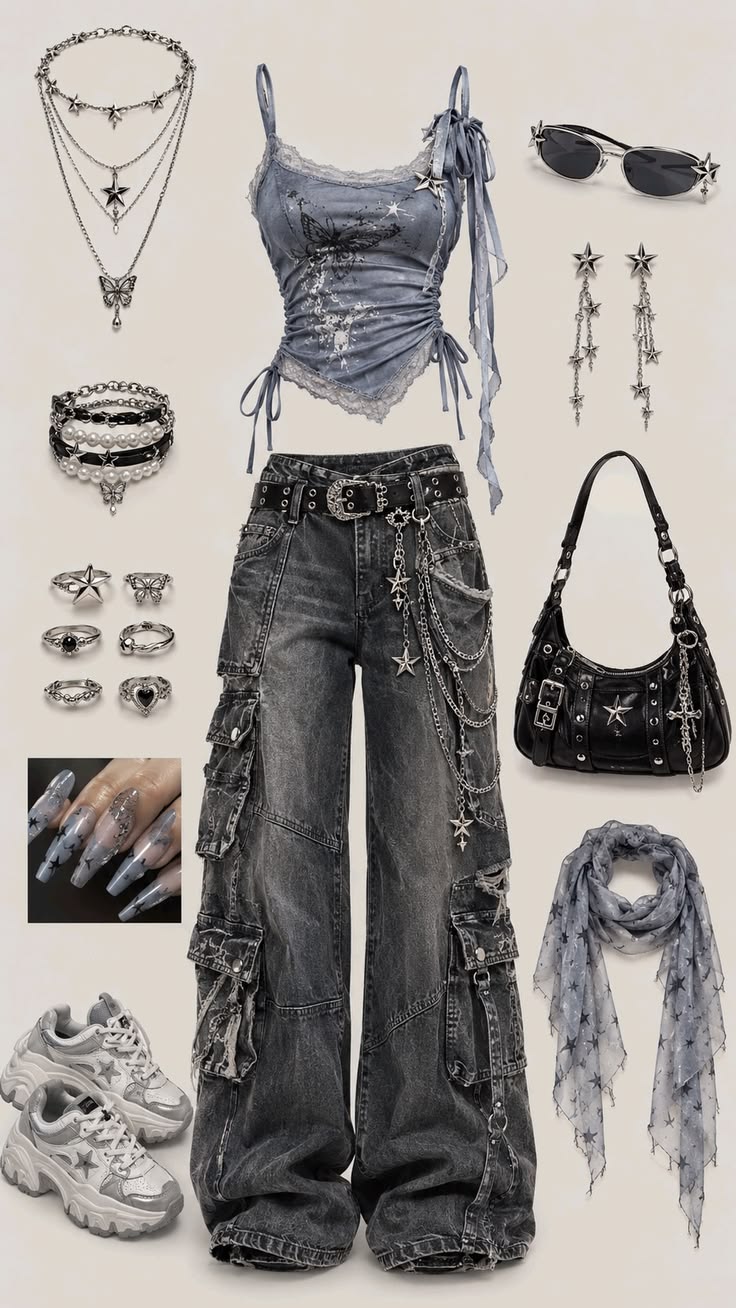 Tenue streetwear Y2K bleu glacé