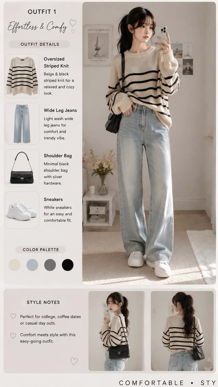 Idées de tenues décontractées coréennes | pull oversize confortable et jean large