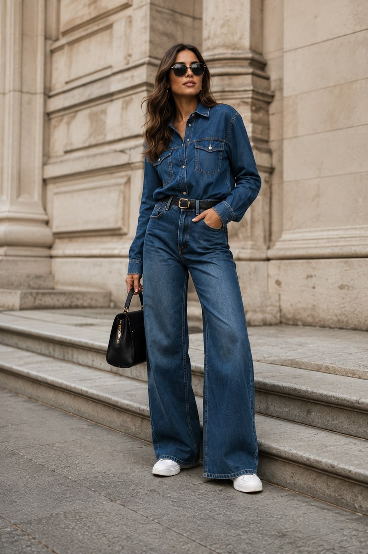 Chemise en denim foncé avec jean large
