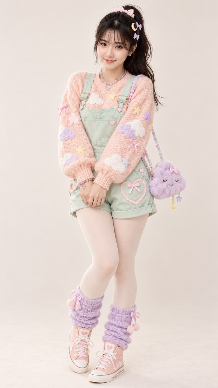 Mint Denim Overalls over a Peach Cloud Sweater with a Lavender Plush Bag