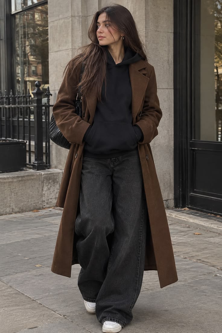 Manteau marron et hoodie noir | Style street chic d’automne