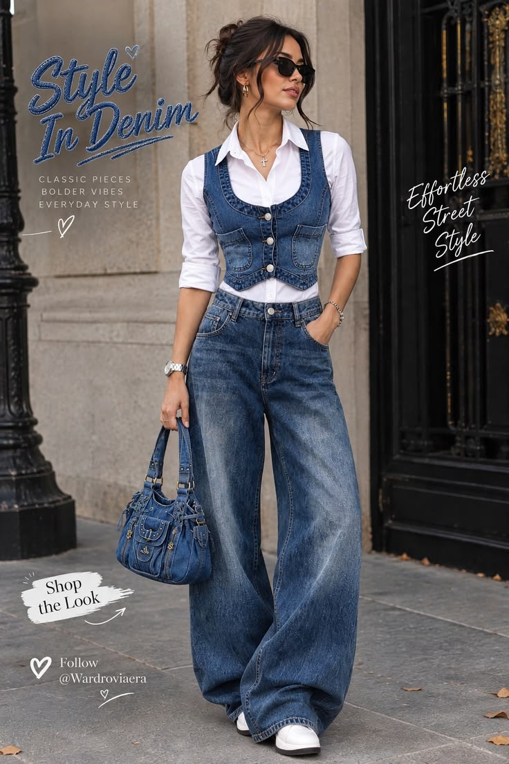 Style en denim 2026 - Gilet en denim et jean large, style de rue | Pièces classiques, allure plus affirmée