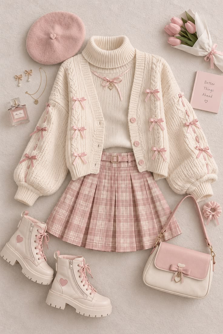 🎀 Tenue coquette cosy | Jupe à carreaux rose et cardigan à nœuds