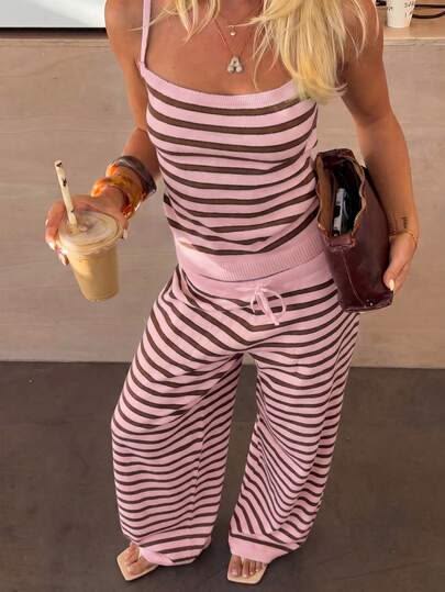 Nuovo completo in maglia a righe dallo stile street per le feste, top con spalline sottili + pantaloni a gamba larga, outfit casual in 2 pezzi | SHEIN