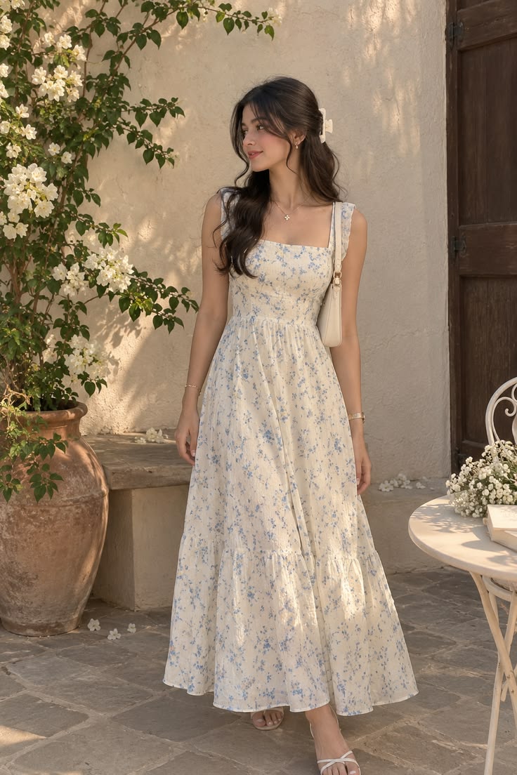 Vestido de una pieza floral azul | Look veraniego de estética de ensueño 🌸✨
