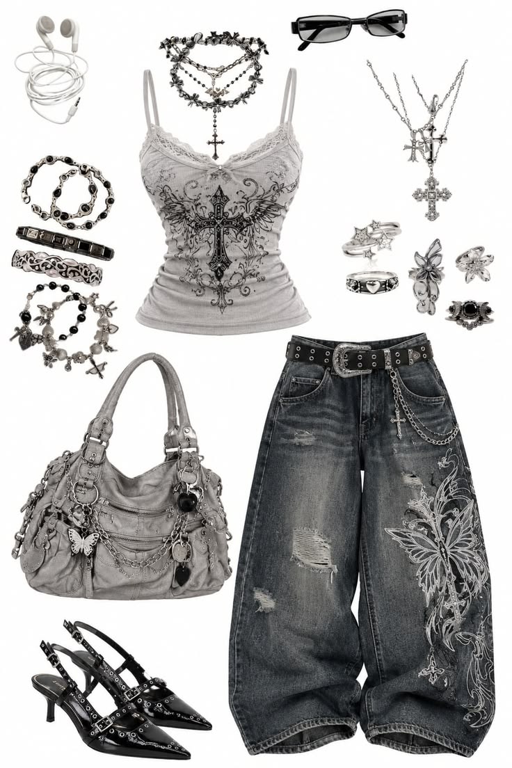Grey Cross Graphic Cami with Embroidered Baggy Jeans Flat Lay | Y2K Alt Accessories Set